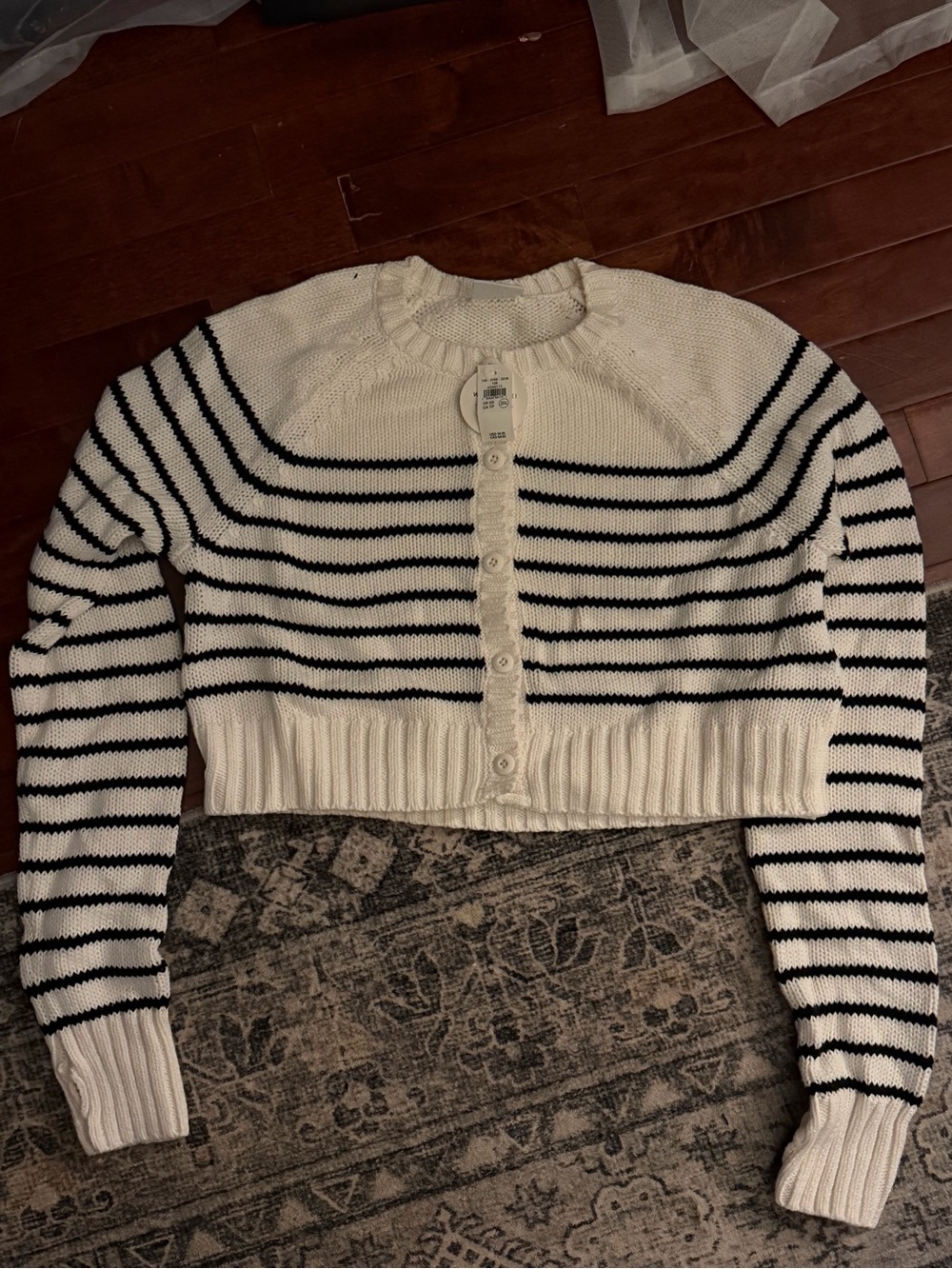 Aerie Offline - Striped Cream and Black Cropped Button-Up Sweater/Cardigan